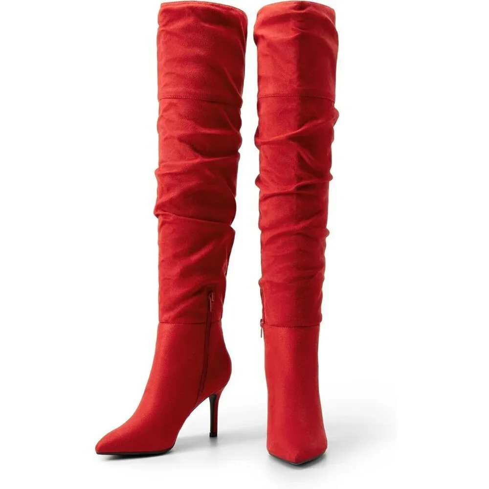 Women's Red-suede Faux Leather Over The Knee Boots Thigh High Pointed Toe Boot